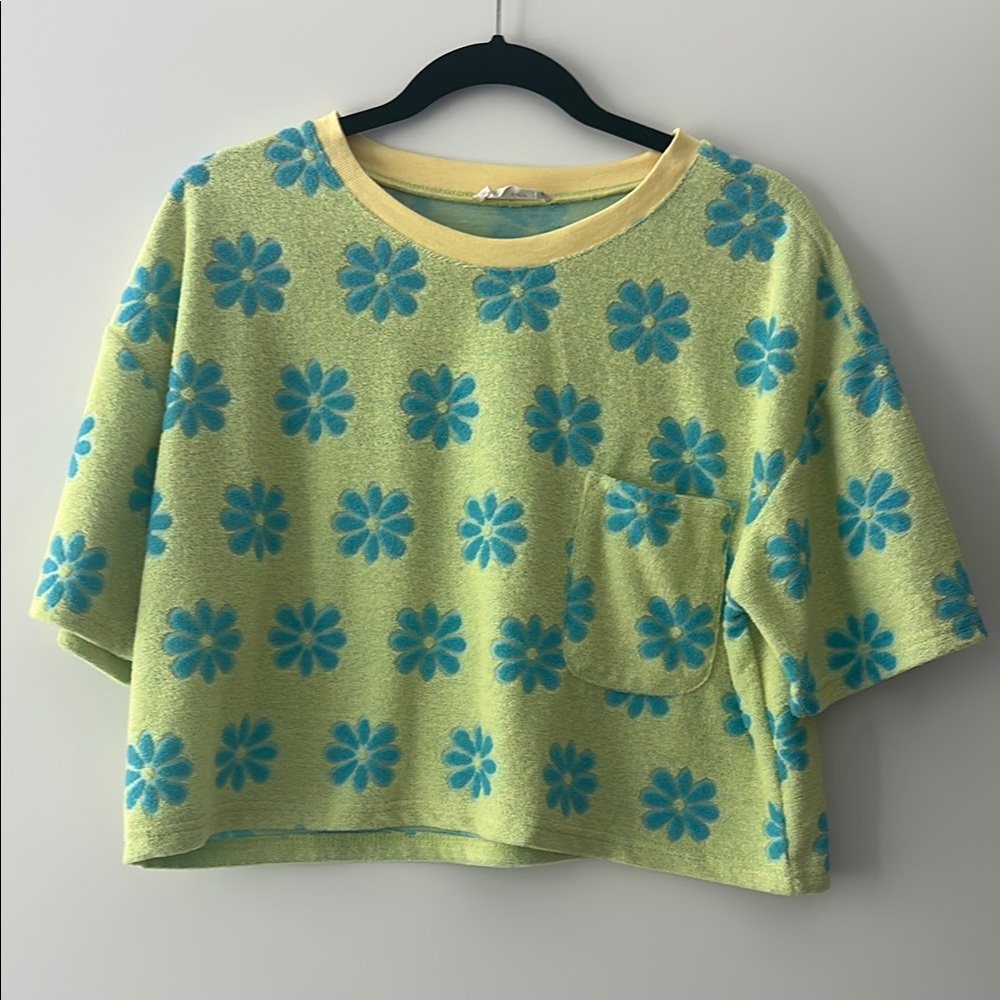 Yellow and Blue floral terry cloth  crop top